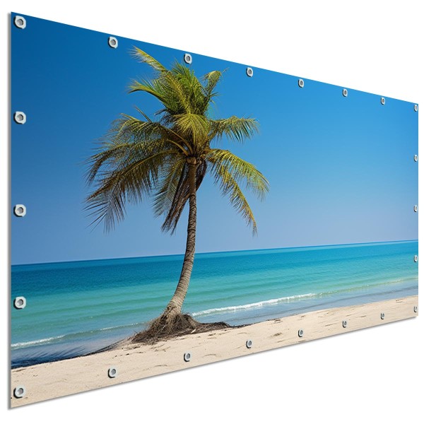 Große Motivplane Karibikpalme am Meer, Sichtschutz Garten 340x173 cm