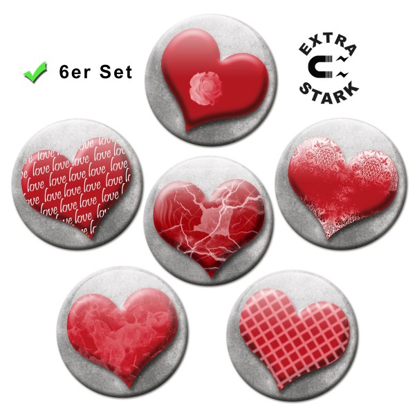 Romantische Herzen, Glasmagnettafel Magnete 6er-Set Ø 5 cm