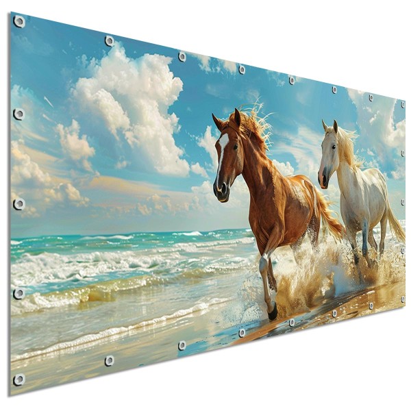 Große Motivplane Sandstrand Pferde, Sichtschutz Garten 340x173 cm