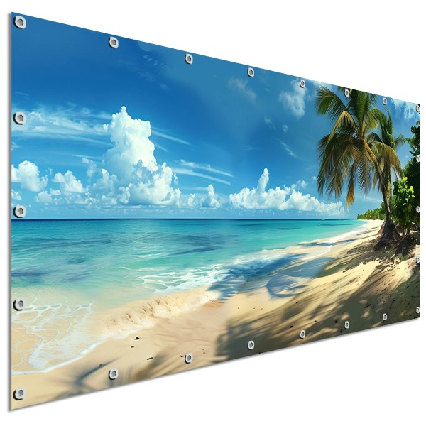 Große Motivplane Karibikstrand Palmen, Sichtschutz Garten 340x173 cm
