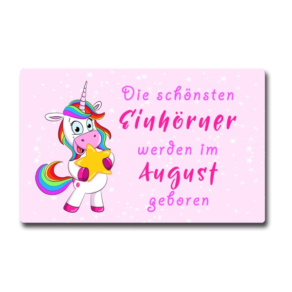 Einhorn Geburtstag August, Magnet 8,5x5,5 cm, Rosa