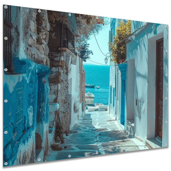 Sichtschutzbanner Blaue Gasse zum Meer Griechenland, 250x180 cm