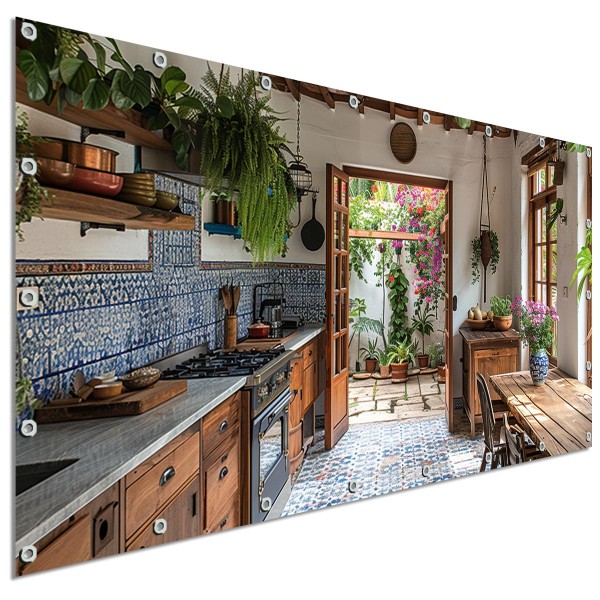 Große Motivplane Gartenküche Spanien, Sichtschutz Garten 340x173 cm