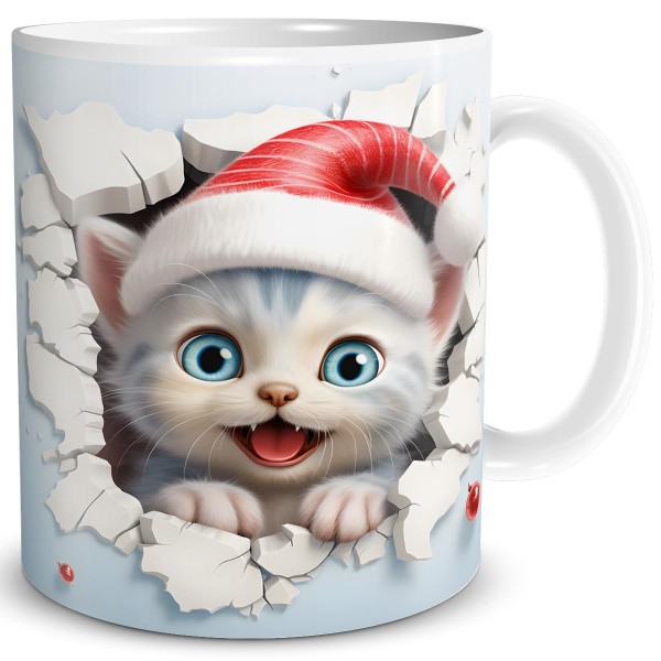 Weihnachten 3D Illusion Katze Bricht Durch, Tasse 300 ml, Kitten Blau