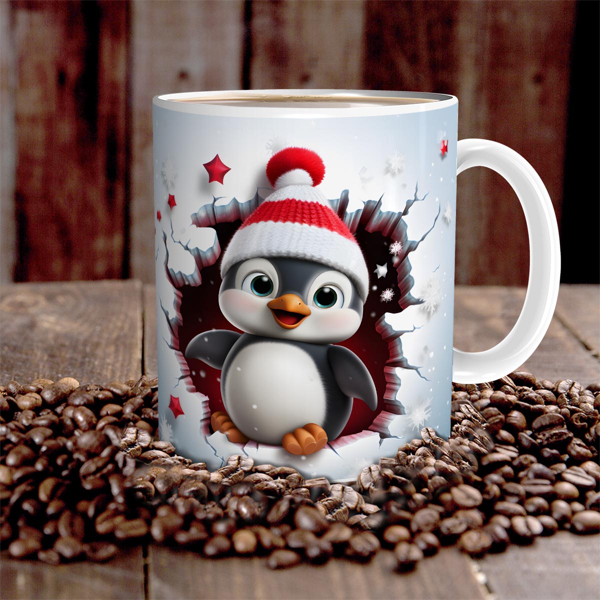 Weihnachten 3D Illusion Pinguin Bricht Durch, Tasse 300 ml, Weihnachten, Tassen