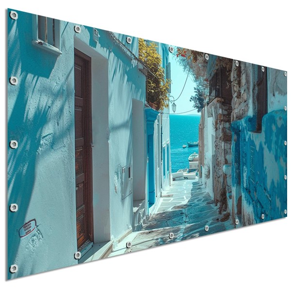 Große Motivplane Blaue Meergasse Griechenland, Sichtschutz Garten 340x173 cm