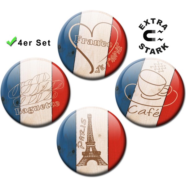 Magnete für Glasmagnettafel 4er-Set Länderflaggen Frankreich "L'Amour" - Ø 5 cm