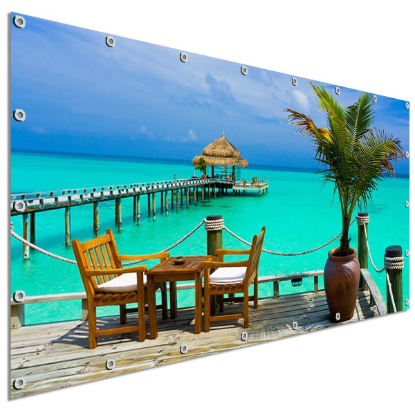 Sichtschutzbanner Karibik Strand Bar, 340x173 cm