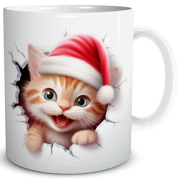 Weihnachten 3D Illusion Katze Bricht Durch, Tasse 300 ml, Kitten Rot