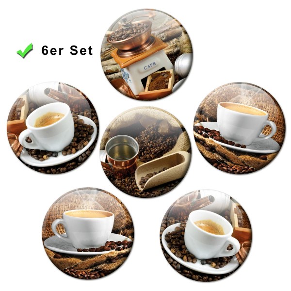 Kaffee Tassen, Kühlschrankmagnete 6er-Set Ø 5 cm