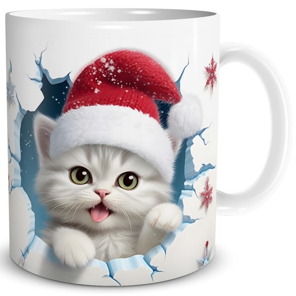 Weihnachten 3D Illusion Katze Bricht Durch, Tasse 300 ml, Kitten Weiß
