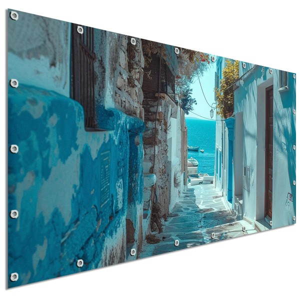 Sichtschutzbanner Blaue Gasse zum Meer Griechenland, 340x173 cm