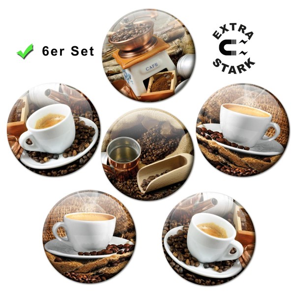 Kaffee Tassen, Glasmagnettafel Magnete 6er-Set Ø 5 cm