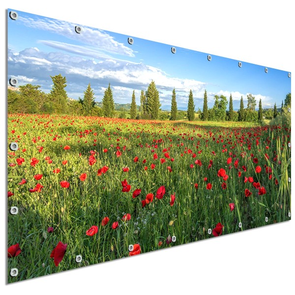 Große Motivplane Mohnblumen Wiese, Sichtschutz Garten 340x173 cm