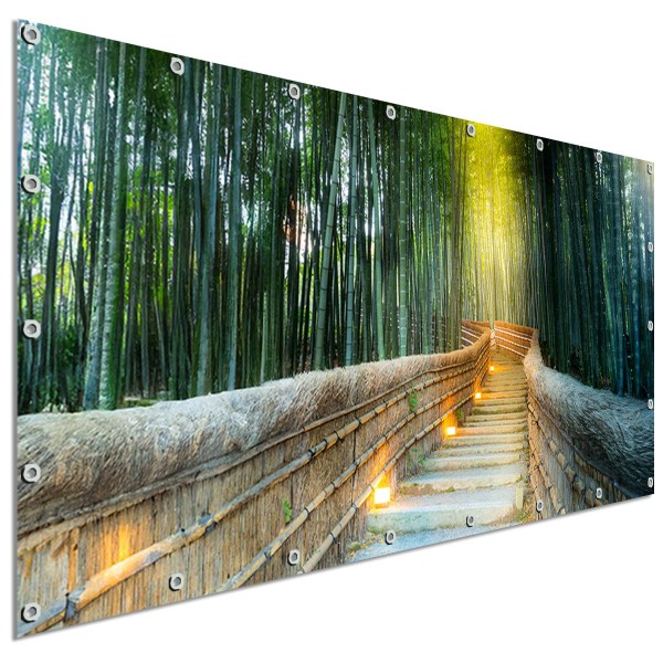 Große Motivplane Bambus Lichterweg Bambuswald, Sichtschutz Garten 340x173 cm