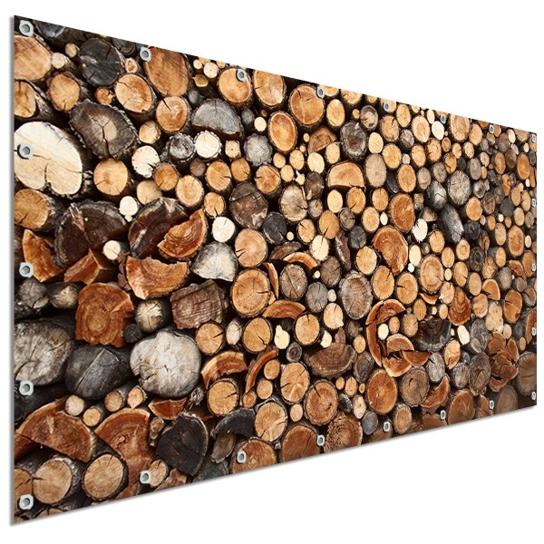 Sichtschutzbanner Baumstämme Holz Stapel, 340x173 cm