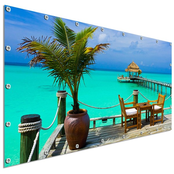 Große Motivplane Meerblick Karibik Beach-Bar, Sichtschutz Garten 340x173 cm