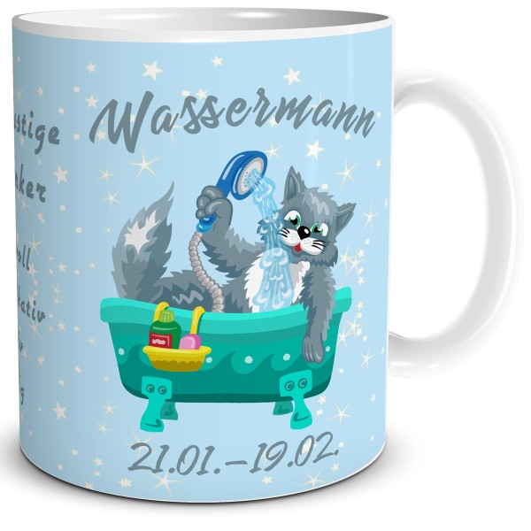 Sternzeichen Wassermann Katze Cartoon, Tasse 300 ml